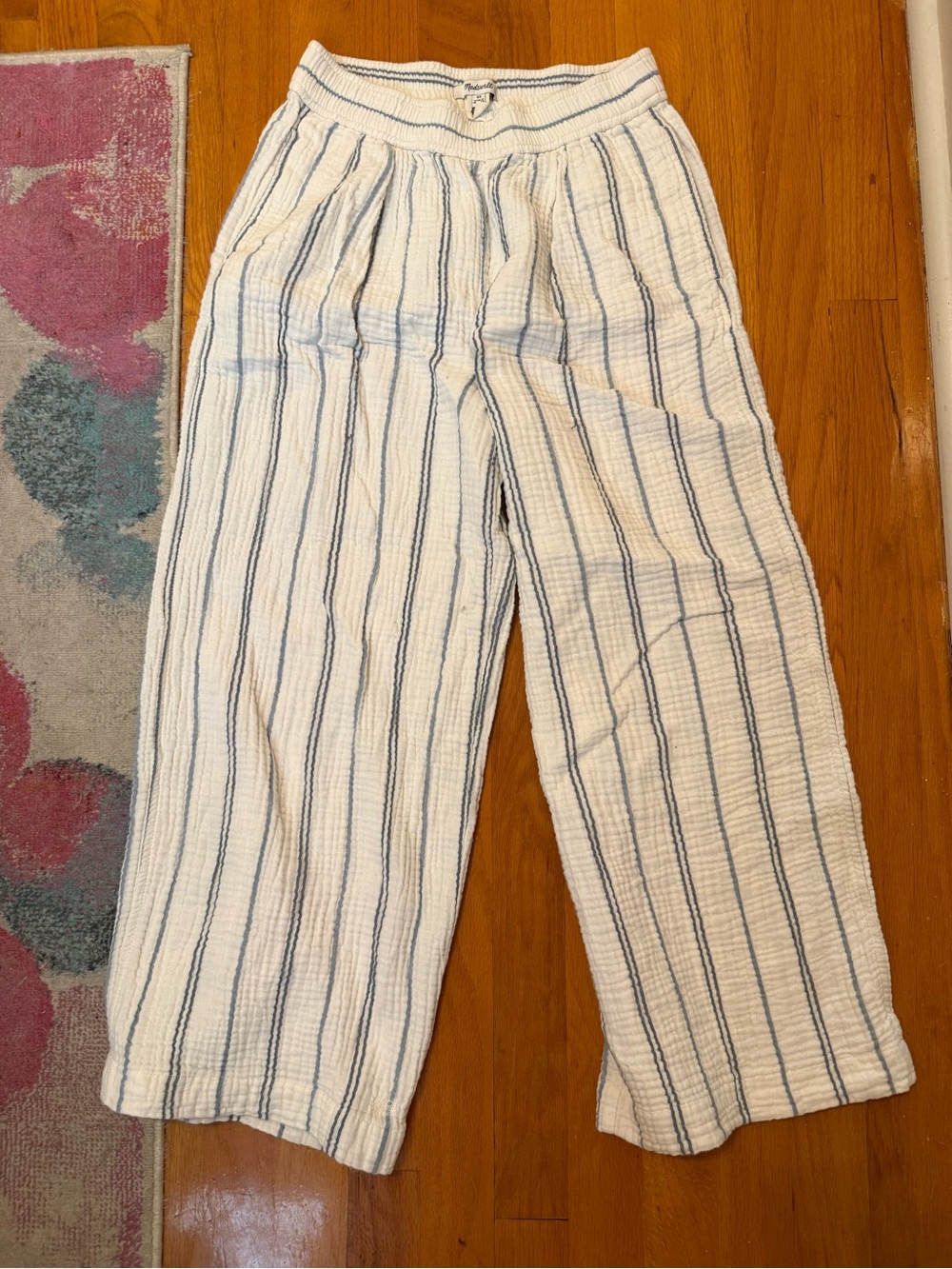 Madewell White Ankle Pants with Blue Stripes